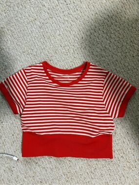 Mi Red and White Striped Short Sleeve Tee